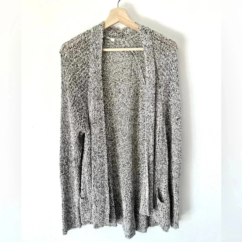 Eileen Fisher Grey & White Open Knit Drape Front Long Line Cotton Cardigan Large